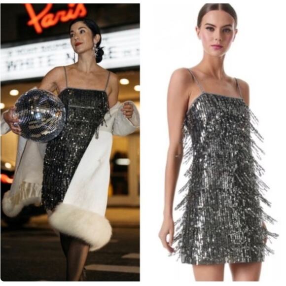NWT $1000 Alice + Olivia Chicago Sequin Fringe Mini Dress Gunmetal Silver Sz 0 - Picture 3 of 16